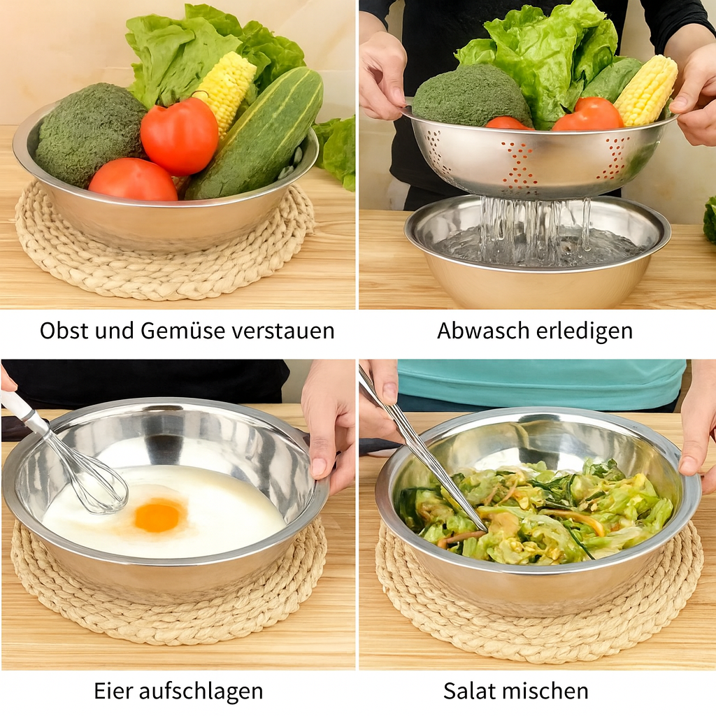 MultiChef Bowl™ – Edelstahl-Schüssel mit Reibe & Sieb
