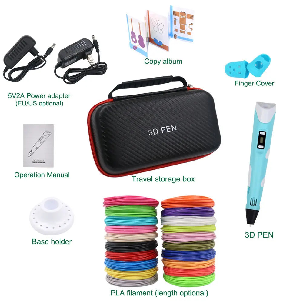 Kinder 3D Druck Stift Mit Led-anzeige Power Adapter 200M PLA Filament Box